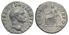 Vespasian (69-79). AR Denarius (17mm, 3.20g, 6h). Rome, AD 70. Laureate head r. R/ Pax seated l., holding branch and caduceus. RIC II 29; RSC 94h. Ton...