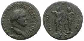 Vespasian (69-79). Æ Sestertius (32mm, 25.60g, 6h). Rome, AD 71. Laureate head r. R/ Honos, draped at waist, standing r., holding long sceptre and cor...