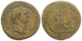 Vespasian (69-79). Æ Sestertius (32.5mm, 24.26g, 6h). “Judaea Capta” commemorative. Rome, AD 71. Laureate head r. R/ Palm tree; to l., bound male capt...