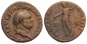 Vespasian (69-79). Æ As (26mm, 10.36g, 6h). Rome, AD 71. Laureate head r. R/ Aequitas standing l., holding scales and measuring rod. RIC II 287. Brown...