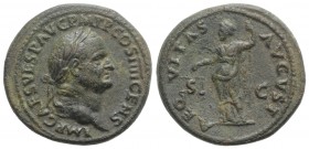 Vespasian (69-79). Æ As (28mm, 11.88g, 6h). Rome, AD 73. Laureate head r. R/ Annona seated l., holding scales and rod. RIC II 587. Green patina, VF