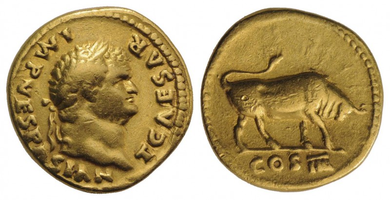 Titus (Caesar, 69-79). AV Aureus (19mm, 7.22g, 6h). Rome, AD 75. Laureate head r...