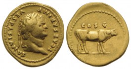 Titus (Caesar, 69-79). AV Aureus (20mm, 7.22g, 6h). Rome, AD 76. Laureate head r. R/ Cow standing r. RIC II 868 (Vespasian). Near VF