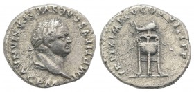 Titus (79-81). AR Denarius (17mm, 3.12g, 6h). Rome, AD 80. Laureate head r. R/ Filleted tripod surmounted by dolphin. RIC II 128; RSC 321. Light scrat...