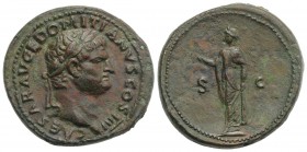 Domitian (Caesar, 69-81). Æ Sestertius (35mm, 25.13g, 7h). Rome, 76-7. Laureate head r. R/ Spes advancing l., holding flower and raising hem. RIC II 9...