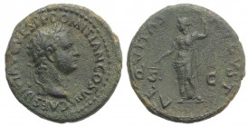 Domitian (Caesar, 69-81). Æ As (28mm, 11.66g, 6h). Rome, 80-1. Laureate head r. R/ Aequitas standing l., holding scales and sceptre. RIC II 321 (Titus...
