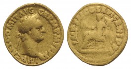 Domitian (81-96). AV Quinarius (15mm, 3.64g, 6h). Rome, AD 92. IMP CAES DOMIT AVG GERM P M TR P XI, Laureate head r. R/ IMP XXI COS XVI CENS P P P, Vi...