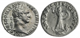 Domitian (81-96). AR Denarius (18mm, 3.16g, 6h). Rome, AD 92. Laureate head r. R/ Minerva standing r. on capital of rostral column, brandishing javeli...