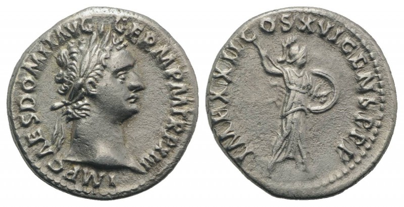 Domitian (81-96). AR Denarius (18mm, 3.13g, 6h). Rome, 93-4. Laureate head r. R/...