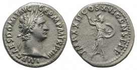 Domitian (81-96). AR Denarius (18mm, 3.13g, 6h). Rome, 93-4. Laureate head r. R/ Minerva advancing r., holding spear and shield. RIC II 761; RSC 283b....