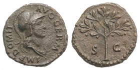 Domitian (81-96). Æ Quadrans (16mm, 2.19g, 7h). Rome, 81-2. Helmeted head of Minerva r. R/ Olive branch. RIC II 240. Good VF