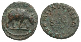 Domitian (81-96). Æ Quadrans (14mm, 1.99g, 8h). Rome, 84-5. Large SC surrounded by legend. R/ Rhinoceros advancing r. RIC II 249. Green patina, VF
