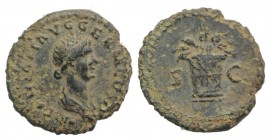 Domitian (81-96). Æ Quadrans (17mm, 2.73g, 6h). Rome, AD 85. Draped bust of Ceres l., wearing wreath of grain. R/ Modius full of grain ears. RIC II 31...
