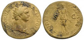 Domitian (81-96). Æ Dupondius (28mm, 12.05g, 6h). Rome, AD 85. Radiate bust r., wearing aegis. R/ Fides standing l., holding plate of fruits and corn-...