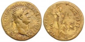 Domitian (81-96). Æ Dupondius (27mm, 14.58g, 6h). Rome, AD 85. Radiate bust r., wearing aegis. R/ Virtus standing r., l. foot on helmet, holding spear...