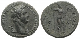 Domitian (81-96). Æ As (27mm, 11.58g, 6h). Rome, AD 86. Laureate bust r., wearing aegis. R/ Virtus standing r., l. foot on helmet, holding spear and p...