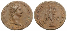 Domitian (81-96). Æ As (30mm, 10.99g, 6h). Rome, AD 87. Laureate head r. R/ Fortuna standing l., holding rudder and cornucopia. RIC II 544. Brown pati...
