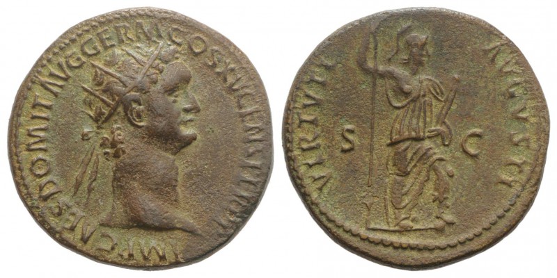 Domitian (81-96). Æ Dupondius (29mm, 12.58g, 6h). Rome, 90-1. Radiate head r. R/...