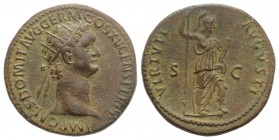 Domitian (81-96). Æ Dupondius (29mm, 12.58g, 6h). Rome, 90-1. Radiate head r. R/ Virtus standing r., holding spear and parazonium. RIC II 706. Brown p...