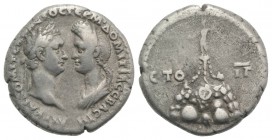 Domitian with Domitia (81-96). Cappadocia, Caesarea. AR Didrachm (21mm, 6.68g, 6h), year 13 (93/4). Laureate head of Domitian r., facing draped bust o...