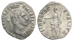 Nerva (96-98). AR Denarius (17mm, 2.84g, 6h). Rome, AD 97. Laureate head r. R/ Libertas standing l., holding pileus and sceptre. RIC II 19; RSC 113. E...