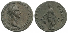 Nerva (96-98). Æ Dupondius (27mm, 11.67g, 6h). Rome, AD 96. Radiate head r. R/ Libertas standing l., holding pileus and vindicta. RIC II 65. About VF