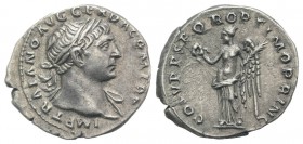Trajan (98-117). AR Denarius (19mm, 3.11g, 7h). Rome, 107-111. Laureate bust r., slight drapery on l. shoulder. R/ Victory standing facing, head l., h...