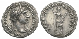Trajan (98-117). AR Denarius (17mm, 2.91g, 6h). Rome, 112-4. Laureate bust r., aegis on far shoulder. R/ Virtus standing r., holding reversed spear an...