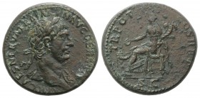 Trajan (98-117). Æ Sestertius (34mm, 27.03g, 6h). Rome, AD 100. Laureate bust r., slight drapery. R/ Concordia seated l., holding patera and cornucopi...