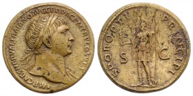 Trajan (98-117). Æ Sestertius (34mm, 26.80g, 6h). Rome, 107-8. Laureate bust r., slight drapery. R/ Roma standing l., holding Victory and reversed spe...