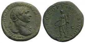 Trajan (98-117). Æ Sestertius (34mm, 20.94g, 6h). Rome, c. 108-109/110. Laureate bust r., slight drapery. R/ Fortuna standing l., holding rudder and c...
