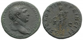 Trajan (98-117). Æ As (27mm, 10.81g, 6h). Rome, c. 104/5-107. Laureate bust r., with aegis. R/ Pax standing l., r. foot on head of Dacian, holding bra...