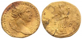 Trajan (98-117). Æ Dupondius (27mm, 11.18g, 6h). Rome, AD 103. Radiate bust r., slight drapery on far shoulder. R/ Pax standing l., holding branch and...