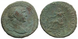 Trajan (98-117). Æ Sestertius (33mm, 23.52g, 6h). Rome, 103-111. Laureate bust r., slight drapery on far shoulder. R/ Salus seated l., holding patera ...