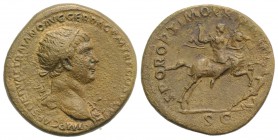 Trajan (98-117). Æ Dupondius (28mm, 11.59g, 7h). Rome, c. 104/5-107. Radiate bust r., wearing aegis. R/ Trajan on horseback r., thrusting spear at Dac...