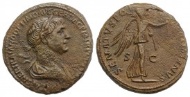 Trajan (98-117). Æ As (27mm, 12.16g, 6h). Rome, 114-6. Laureate and draped bust r. R/ Victory advancing r., holding palm and wreath. RIC II 675. Brown...