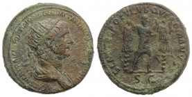 Trajan (98-117). Æ Dupondius (27mm, 15.69g, 6h). Rome, 116-7. Radiate and draped bust r. R/ Trajan, holding spear, standing r., head l., between two t...