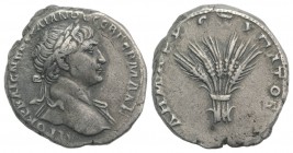Trajan (98-117). Arabia, Bostra(?). AR Tridrachm (23mm, 10.66g, 7h), AD 112-4. Laureate bust r., slight drapery on shoulder. R/ Bundle of six grain ea...