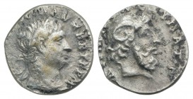 Trajan (98-117). Cyrene. AR Hemidrachm (11.5mm, 1.31g, 6h). AD 100. Laureate head r. R/ Horned head of Zeus-Ammon r. RPC III, 3; Sydenham, Caesarea 17...