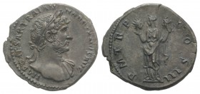 Hadrian (117-138). AR Denarius (19mm, 3.01g, 6h). Rome, 119-125. Laureate bust r., slight drapery on far shoulder. R/ Aeternitas standing l., holding ...