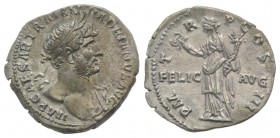 Hadrian (117-138). AR Denarius (18mm, 2.90g, 7h). Rome, c. 119-125. Laureate bust r., slight drapery. R/ Felicitas standing l., holding caduceus and c...