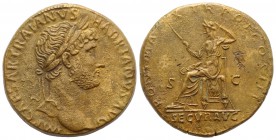 Hadrian (117-138). Æ Sestertius (32mm, 26.80g, 6h). Rome, 119-122. Laureate bust r. R/ Securitas seated l., holding sceptre and propping up head. RIC ...