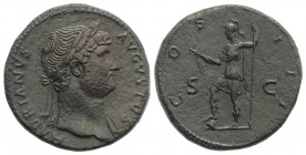Hadrian (117-138). Æ Sestertius (32mm, 28.88g, 6h). Rome, c. 124-8. Laureate bust r., slight drapery. R/ Virtus standing l., r. foot on helmet, holdin...