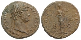 Hadrian (117-138). Æ As (27mm, 10.85g, 6h). Rome, 125-8. Laureate bust r., slight drapery. R/ Fides standing facing, head r., holding grain ears and p...