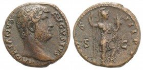Hadrian (117-138). Æ As (24.5mm, 10.33g, 6h). Rome, c. 132-5. Bare head r. R/ Roma standing r., l. foot on [helmet], holding inverted spear and cornuc...