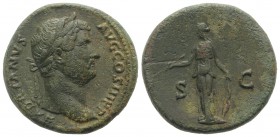 Hadrian (117-138). Æ Sestertius (31mm, 23.86g, 6h). Rome, c. 134-8. Laureate head r. R/ Diana standing l., holding arrow and bow. RIC II 777. VF