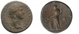 Hadrian (117-138). Æ Sestertius (32mm, 29.94g, 6h). Rome, c. 134-8. Laureate head r. R/ Salus standing l., feeding from patera serpent coiled around a...