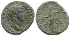 Hadrian (117-138). Æ As (27mm, 15.84g, 6h). Rome, c. 134-8. Laureate head r. R/ Aequitas standing l., holding scales and pertica (measuring rod). RIC ...
