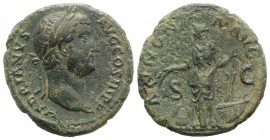 Hadrian (117-138). Æ As (25.5mm, 9.07g, 6h). Rome, 134-8. Laureate head r. R/ Annona standing l., holding corn ears over modius and rudder on prow of ...
