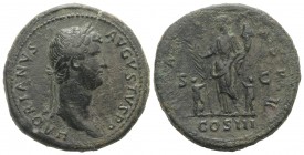 Hadrian (117-138). Æ Sestertius (34mm, 26.74g, 6h). Rome, c. 128-132. Laureate bust r., slight drapery. R/ Hilaritas standing facing, head l., holding...